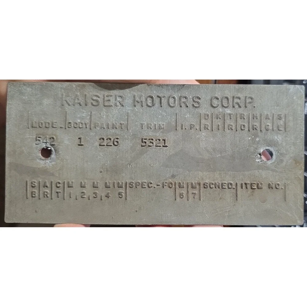 1954 Kaiser Motors Corp Manhattan Data Plate Body Tag